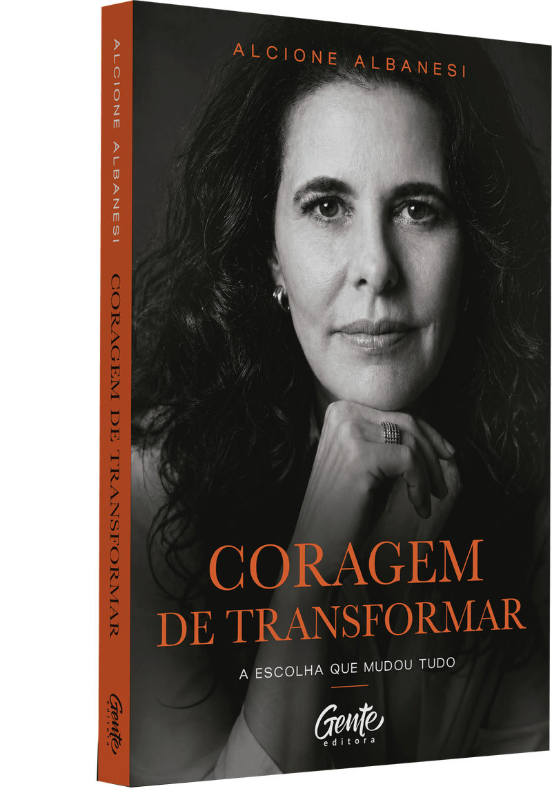 Capa do livro Coragem de Transformar, de Alcione Albanesi, com retrato da autora em preto e branco e título em laranja.